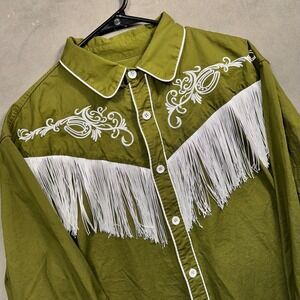 Unbranded Western Fringe Shirt Women XXL Olive Green Embroidered Horseshoe Exc